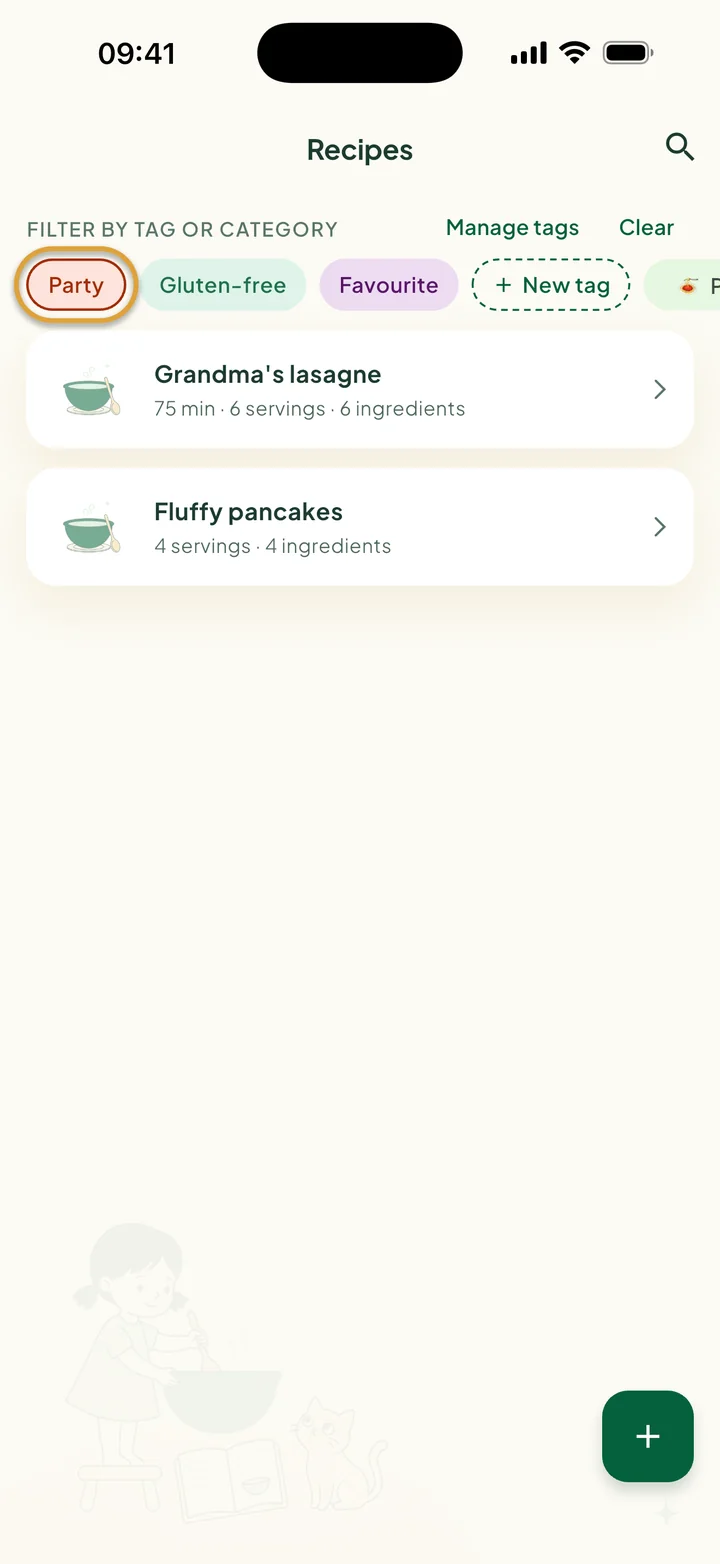The filter row with Party picked. Only the lasagne and the pancakes show.