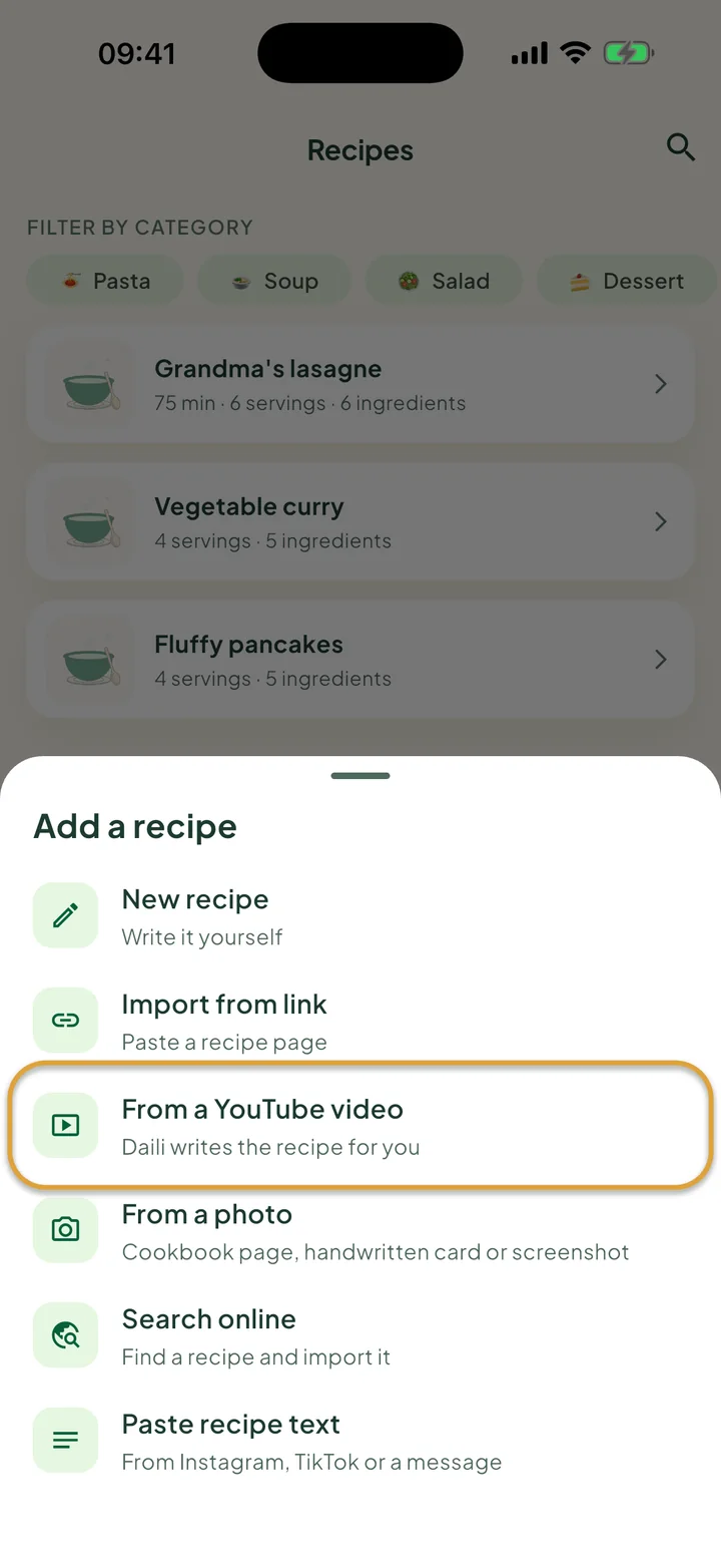 The Recipes screen with the + menu open. From a YouTube video is circled.