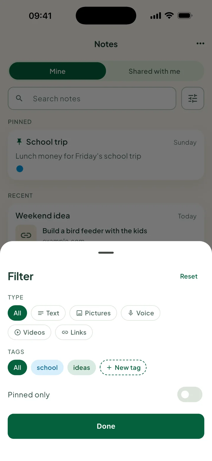 The Filter sheet: Type, Tags with New tag, and Pinned only.