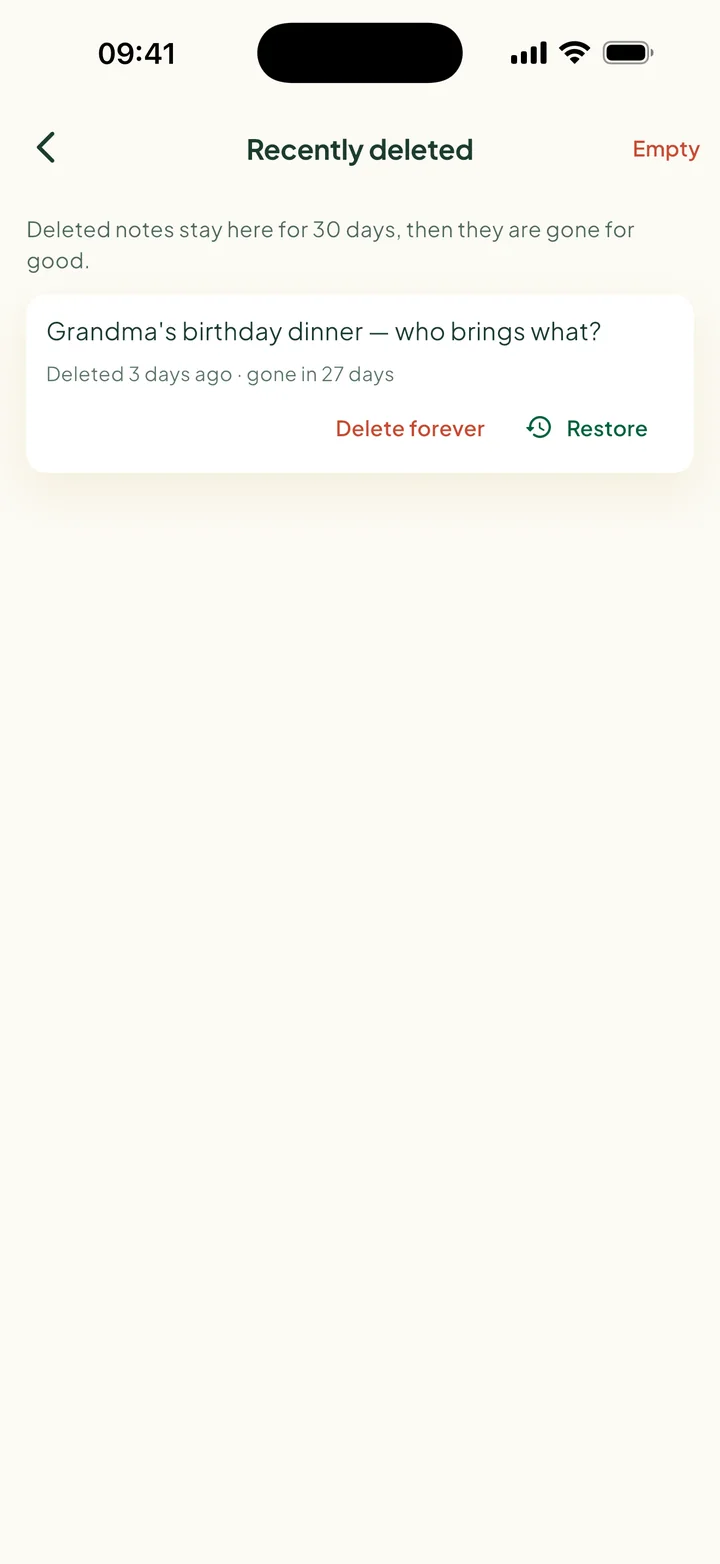 Recently deleted. One note, gone in 27 days, with Delete forever and Restore.