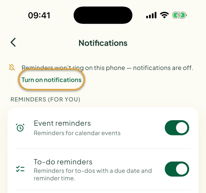The top of the Notifications screen with a note that notifications are off. Turn on notifications is circled.
