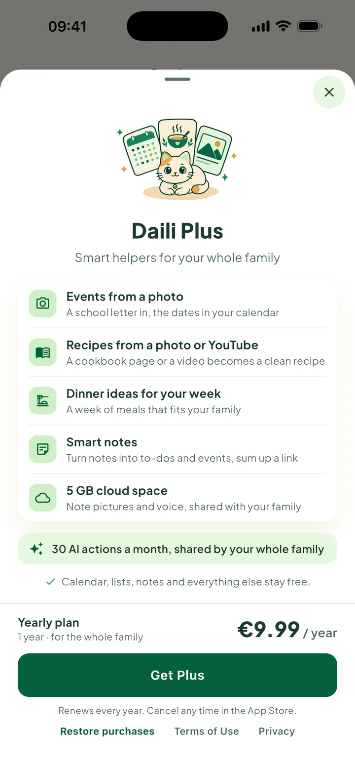 The Daili Plus sheet: what you get, the yearly price and the Get Plus button.