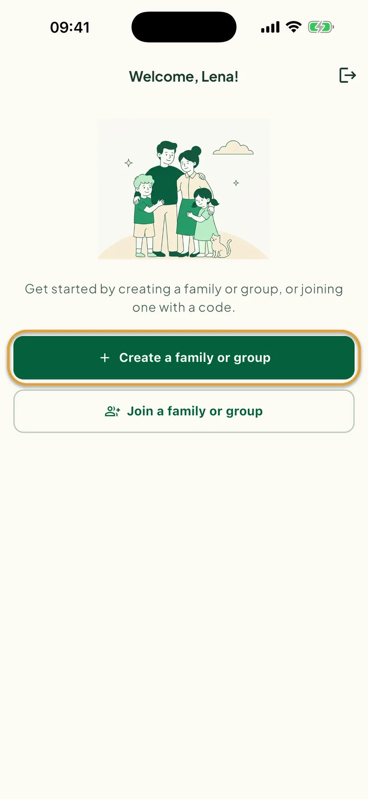The welcome screen for new users. The Create a family or group button is circled.