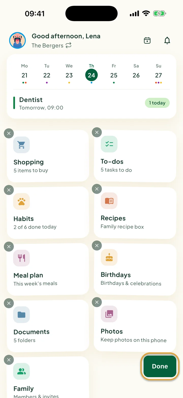 The Home screen in edit mode, with an × on each tile. The Done button at the bottom right is circled.