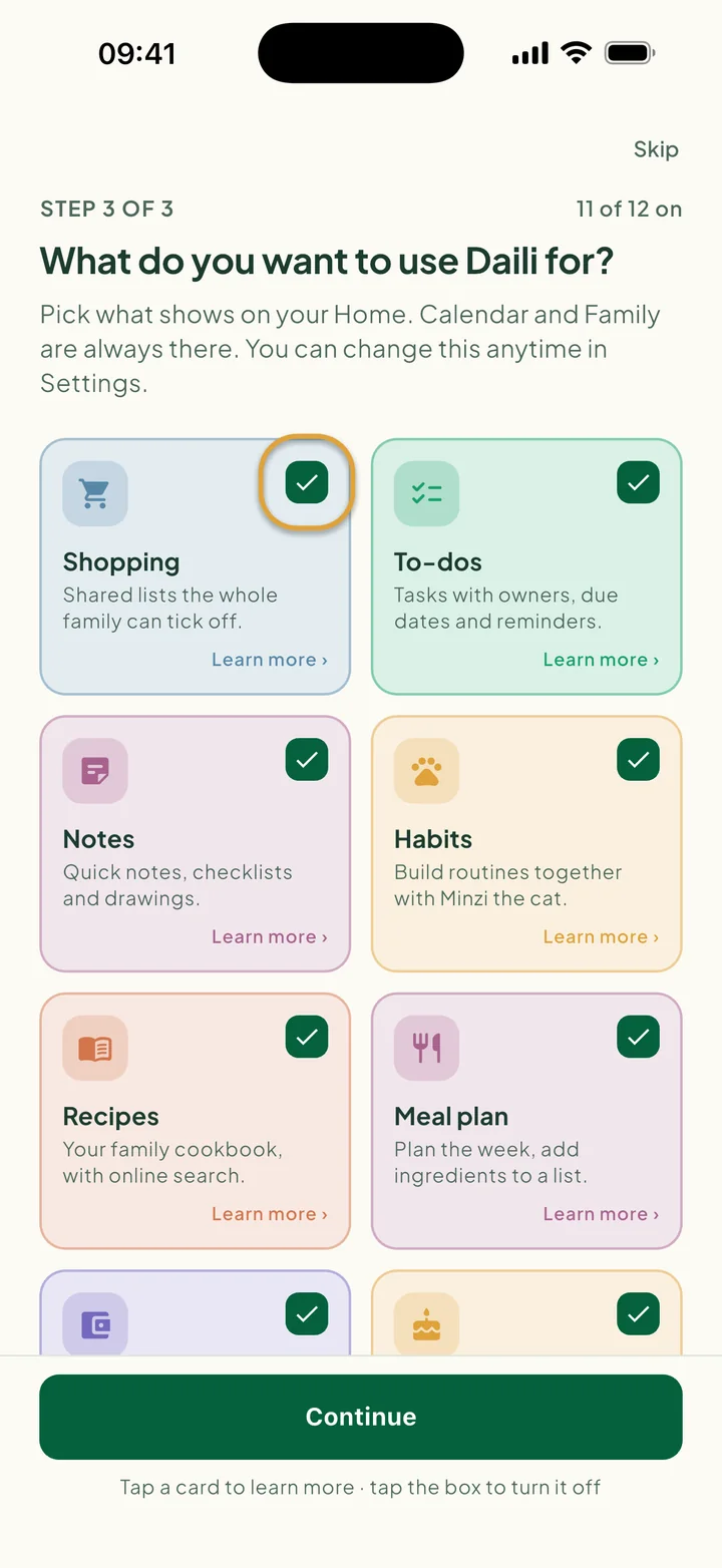 The feature cards. The box on the Shopping card is circled.