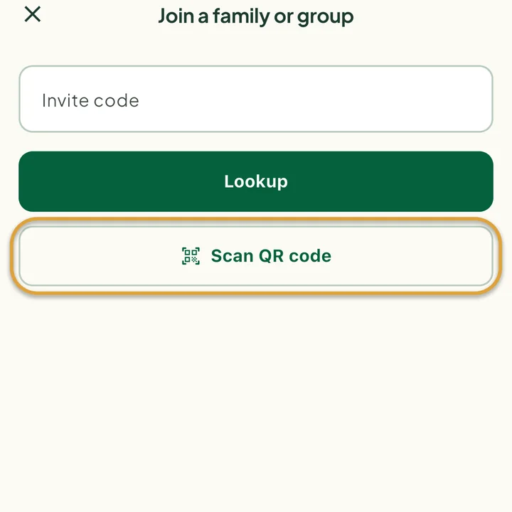 The Join a family or group screen with the Invite code field. The Scan QR code button is circled.