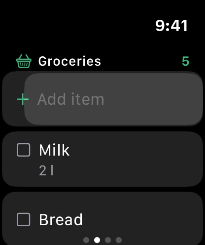 The Groceries list on the watch, with Add item at the top.