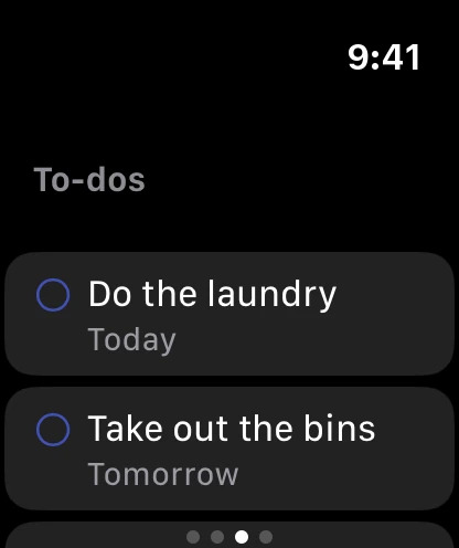 The To-dos page on the watch with two open tasks, due today and tomorrow.