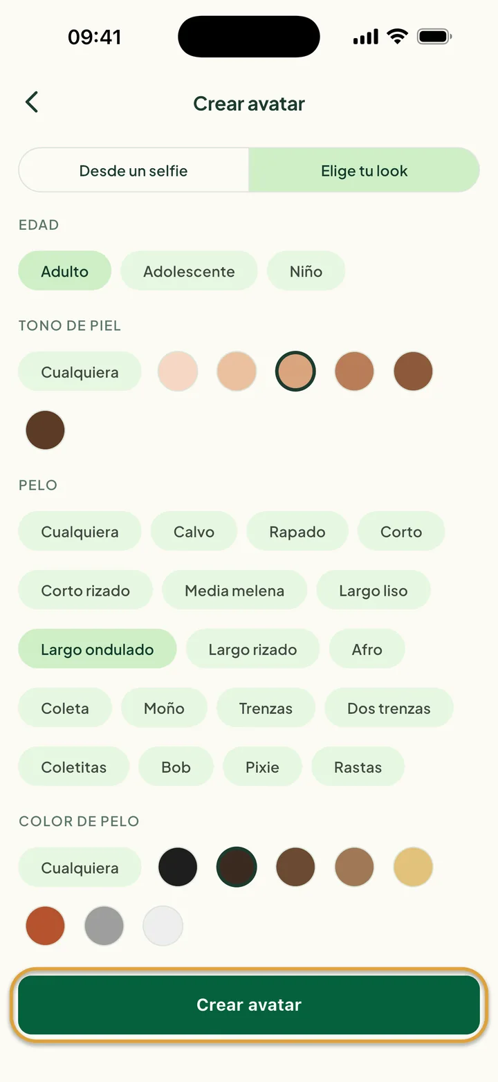 Elige tu look con Adulto, un tono de piel y pelo Largo ondulado y Castaño oscuro elegidos. Crear avatar está marcado con un círculo.