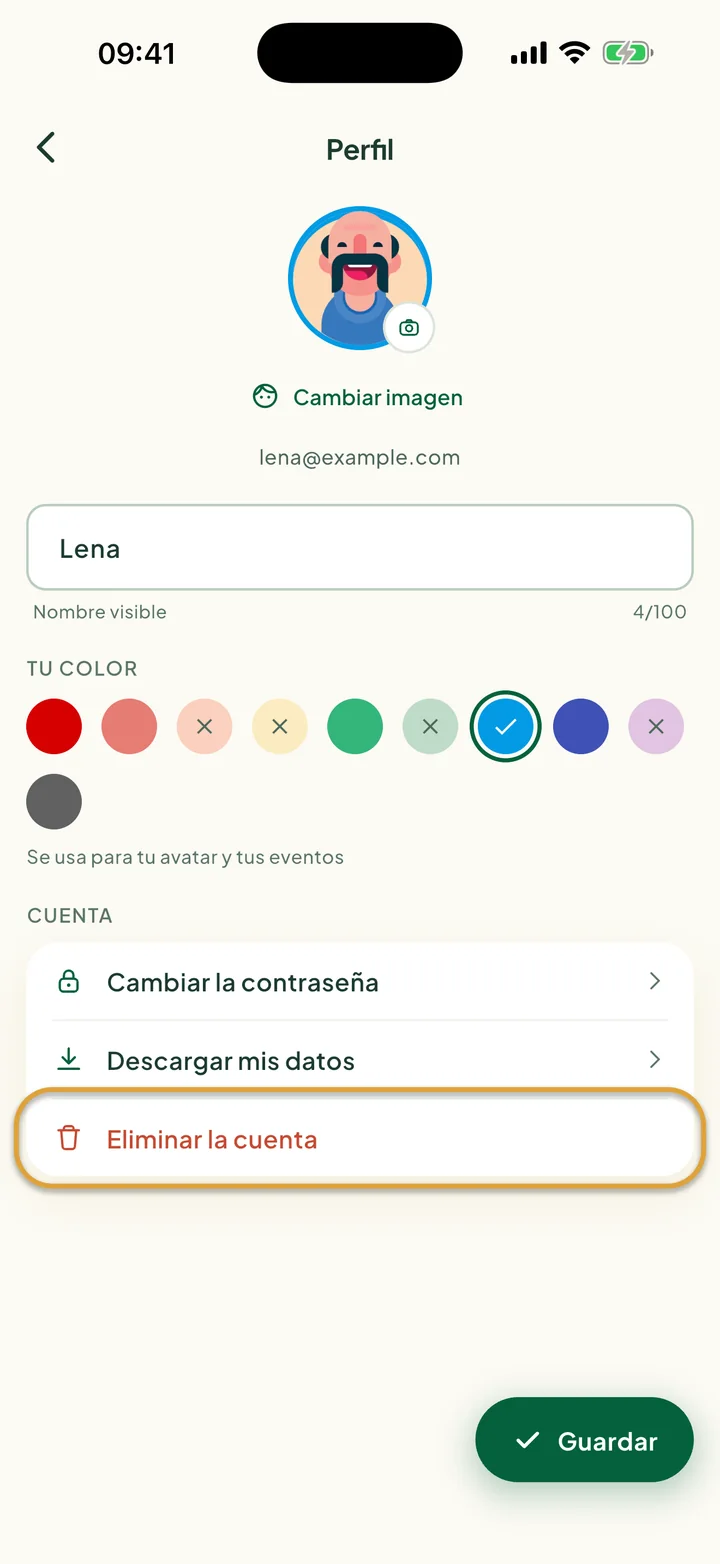 La pantalla Perfil. Eliminar la cuenta, la última fila bajo Cuenta, está marcado con un círculo.