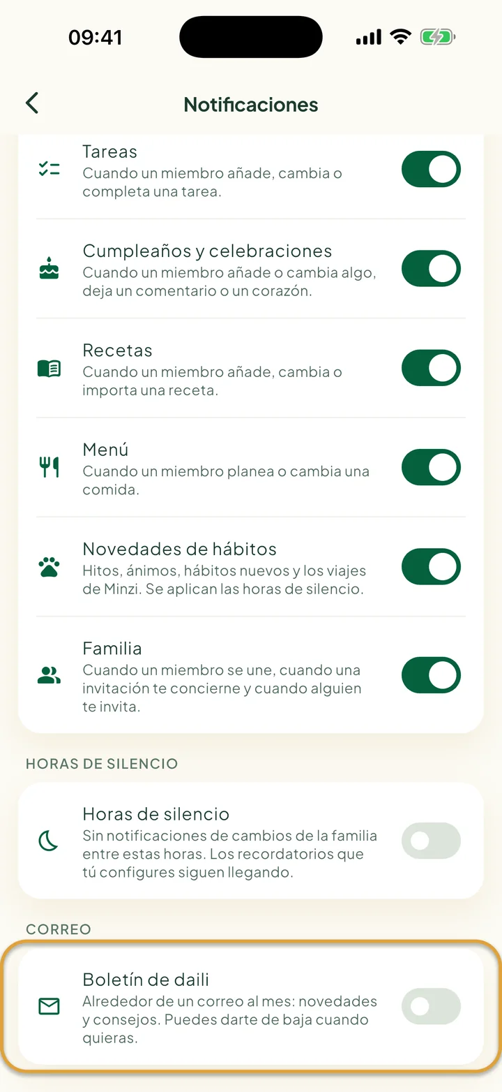 La parte de abajo de la pantalla Notificaciones. El interruptor Boletín de daili, bajo Correo, está marcado con un círculo.