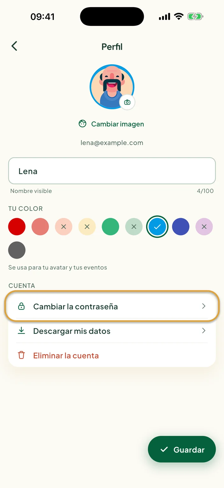 La pantalla Perfil. Cambiar la contraseña, bajo Cuenta, está marcado con un círculo.