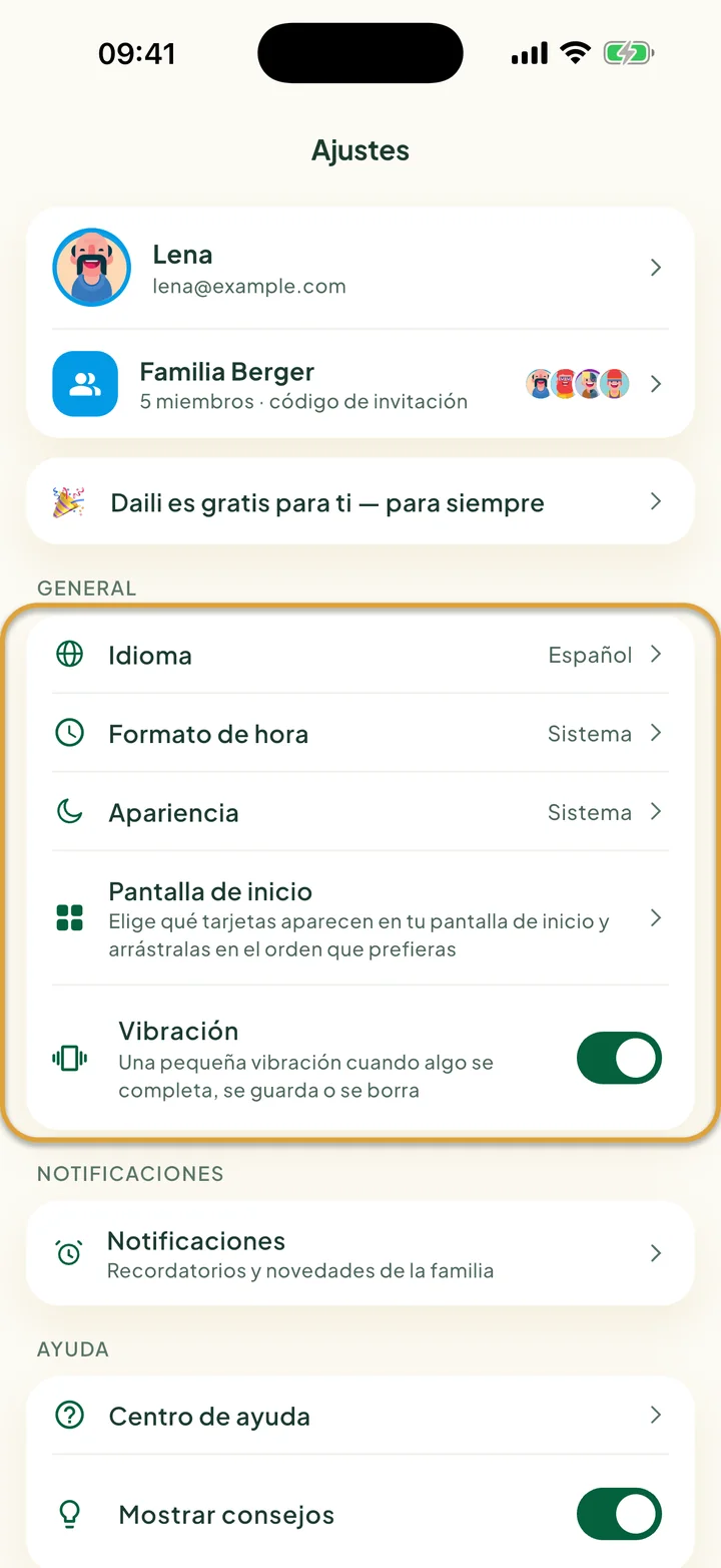 La pantalla Ajustes. La tarjeta General con Idioma, Formato de hora, Apariencia, Pantalla de inicio y Vibración está marcada con un círculo.