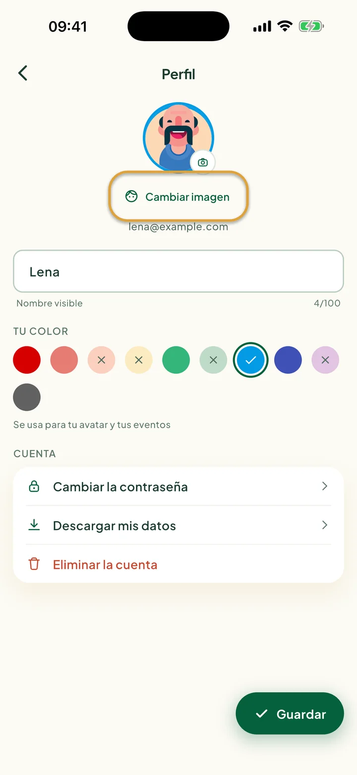La pantalla Perfil con el nombre, los colores y las filas de la cuenta. Cambiar imagen está marcado con un círculo.