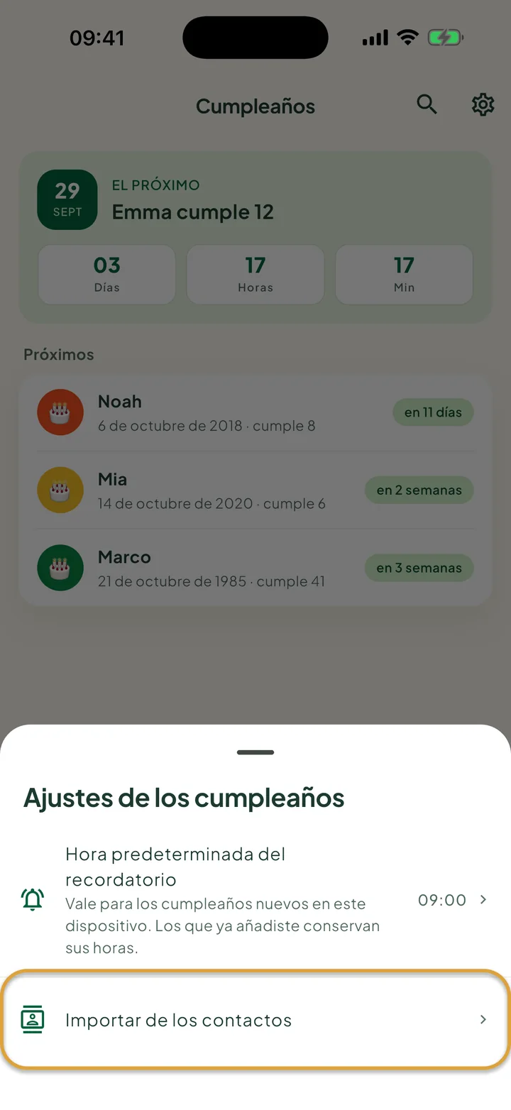 La hoja de ajustes de cumpleaños. La fila Importar de los contactos está marcada con un círculo.