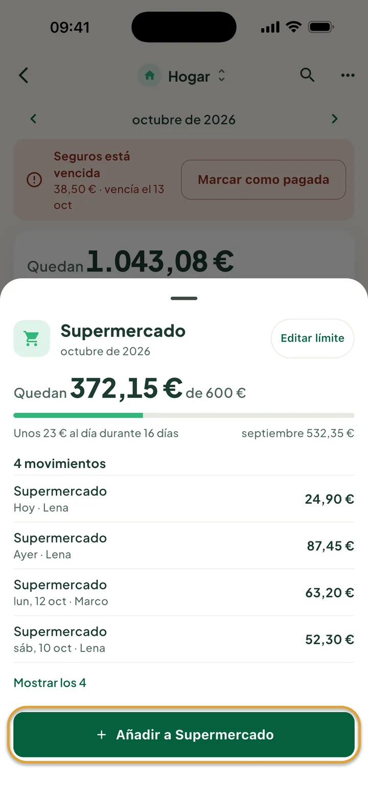 La hoja Supermercado: quedan 372,15 € de 600 € y cuatro movimientos. El botón Añadir a Supermercado está marcado con un círculo.