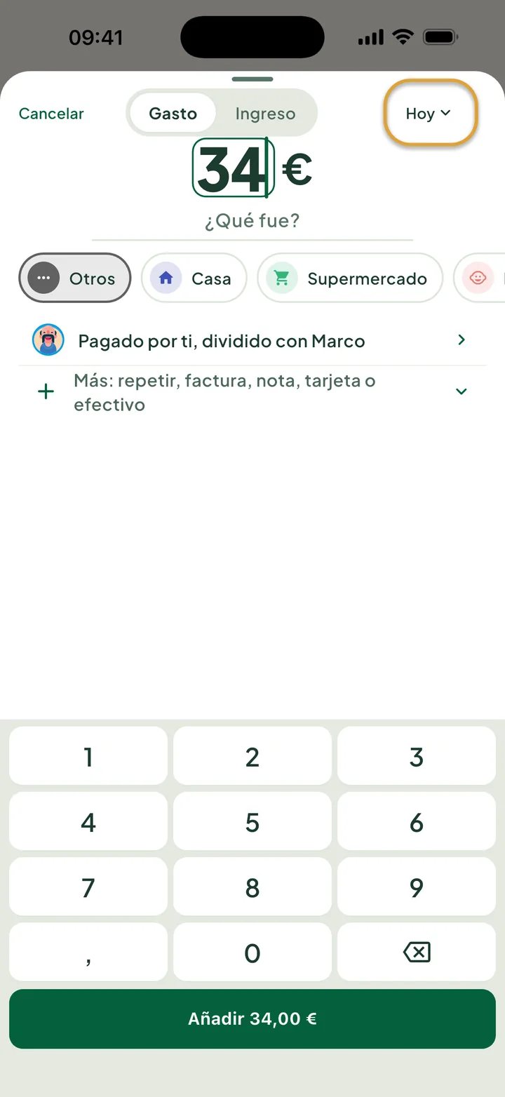 Un gasto de 34 € con el teclado numérico. El botón Hoy de arriba está marcado con un círculo.