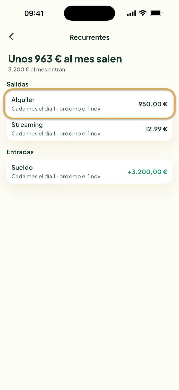 La pantalla Recurrentes: salen unos 963 € al mes y entran 3.200 €. Alquiler está marcado con un círculo.