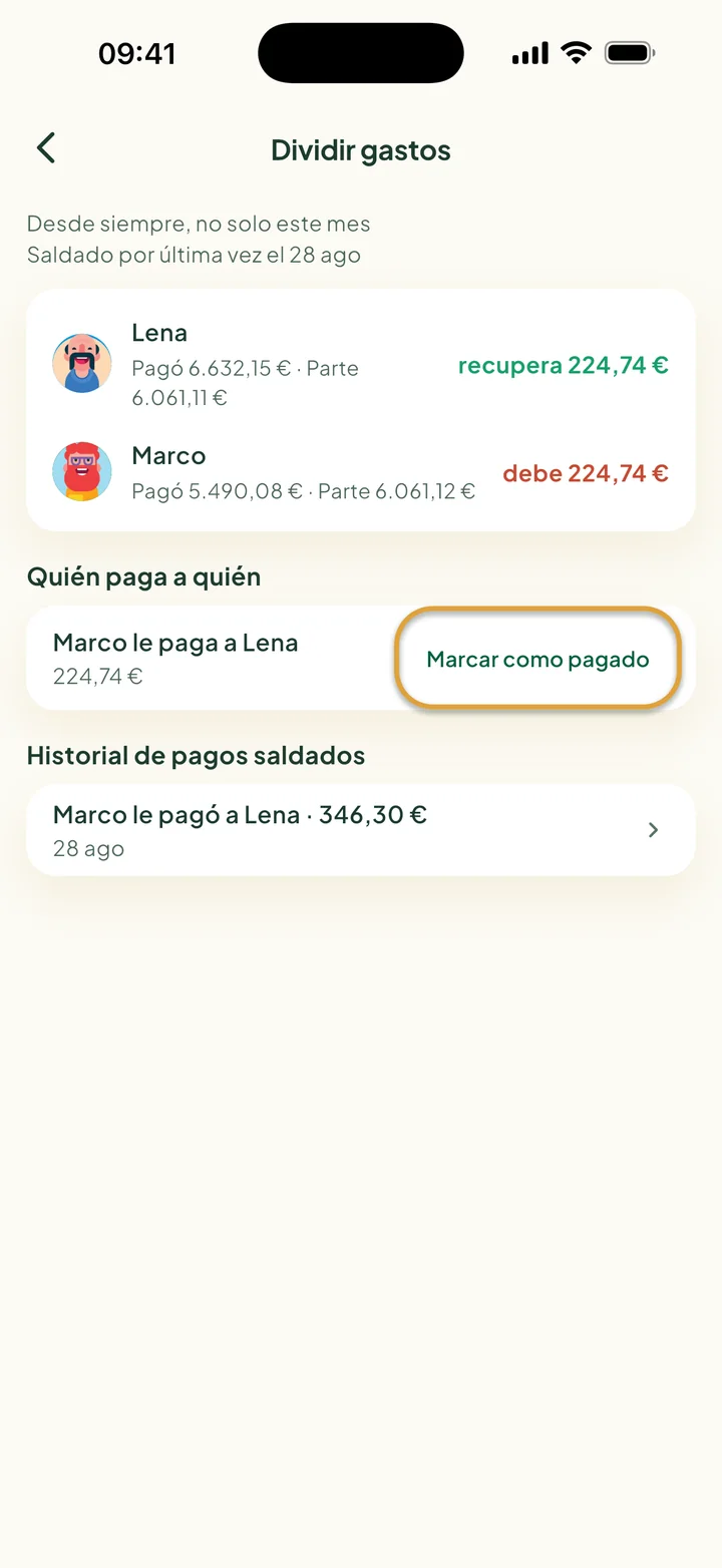 La pantalla Dividir gastos. Marco le paga 224,74 € a Lena. El botón Marcar como pagado está marcado con un círculo.