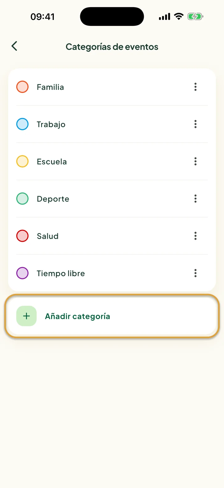 La pantalla Categorías de eventos con seis categorías. La fila Añadir categoría está marcada con un círculo.