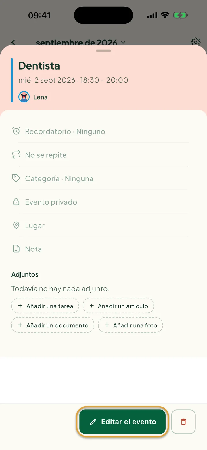 Un evento abierto desde el calendario. El botón Editar el evento está marcado con un círculo, con el botón de eliminar al lado.