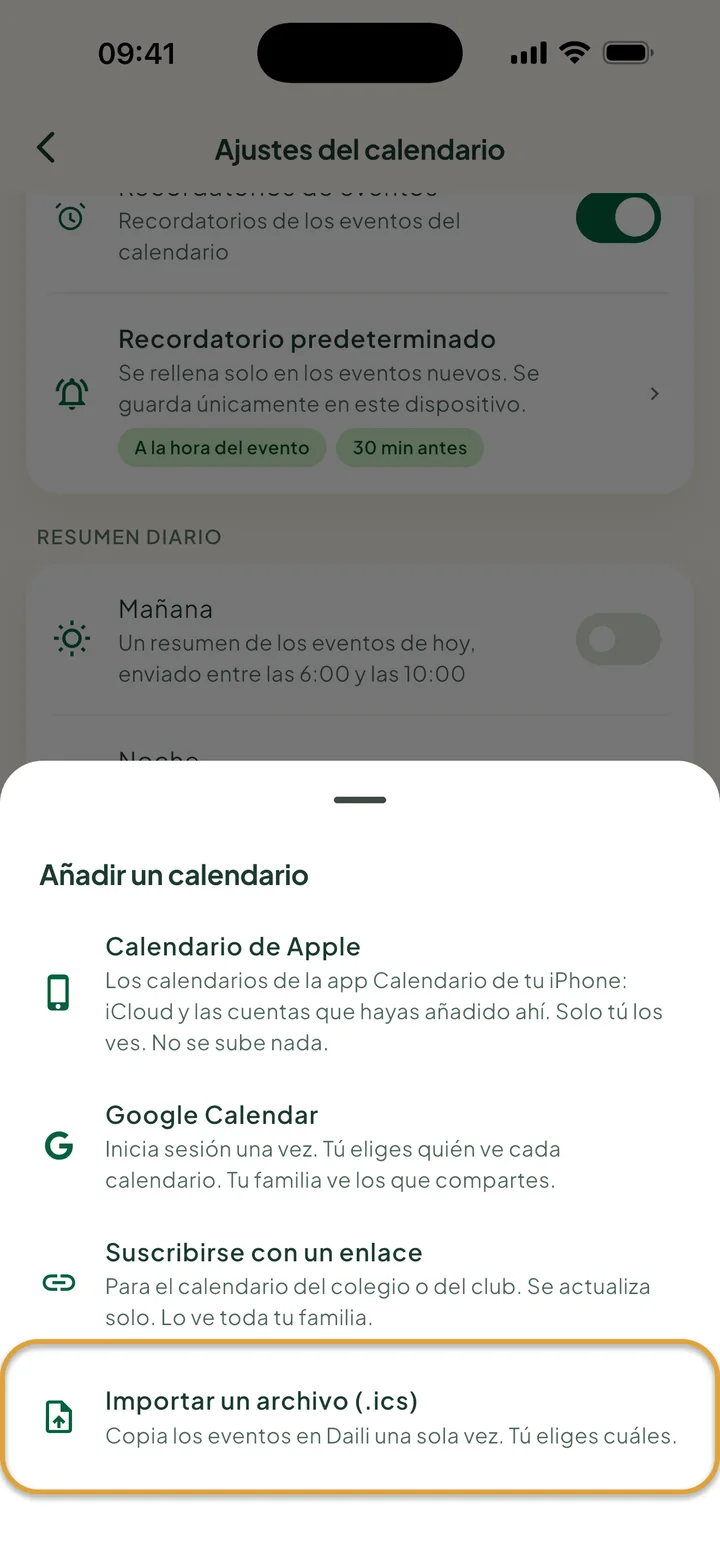La hoja Añadir un calendario en los ajustes del calendario. Importar un archivo (.ics) está marcado con un círculo.