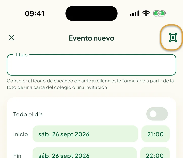 La pantalla Evento nuevo. El icono de escanear arriba a la derecha está marcado con un círculo.