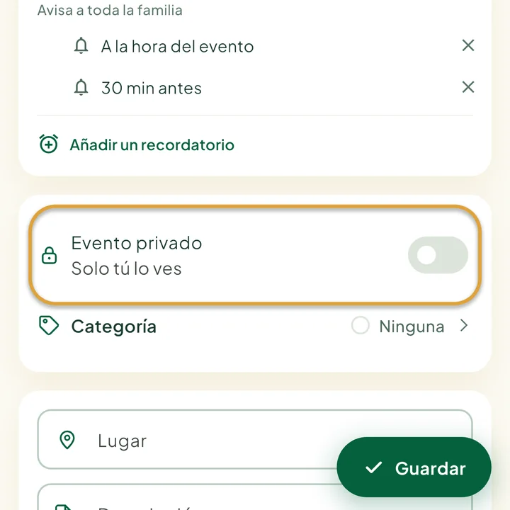 El formulario del evento. El interruptor Evento privado está marcado con un círculo.