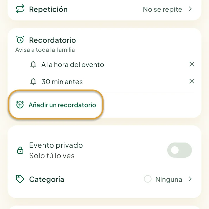 La sección Recordatorio del formulario con dos recordatorios. El botón Añadir un recordatorio está marcado con un círculo.