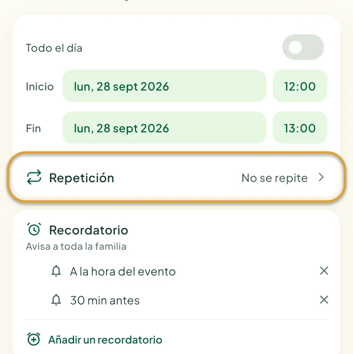 El formulario de evento nuevo. La fila Repetición está marcada con un círculo.