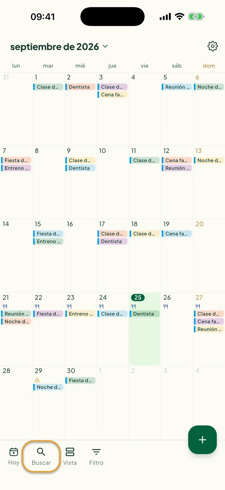 El calendario en vista Mes. El botón Buscar de la barra inferior está marcado con un círculo.