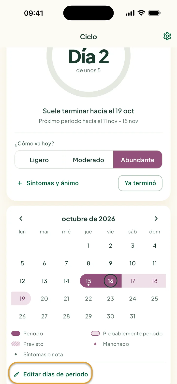 El mes de Ciclo en el día 2 del periodo: una franja el 15 y 16 oct, días suaves después y hoy con un anillo. Editar días de periodo está marcado con un círculo.