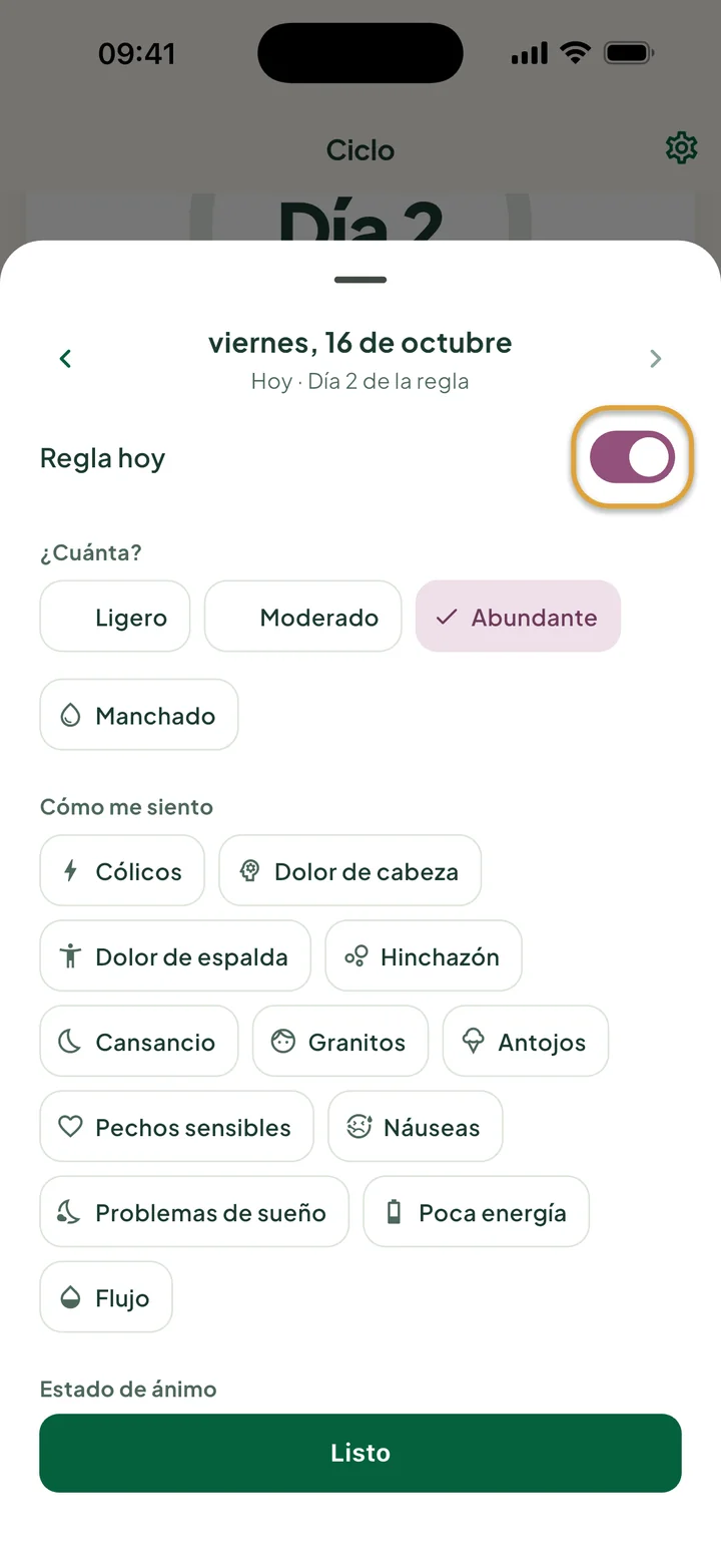 La hoja del viernes, 16 de octubre: Regla hoy está activado y Abundante está elegido. El interruptor está marcado con un círculo.
