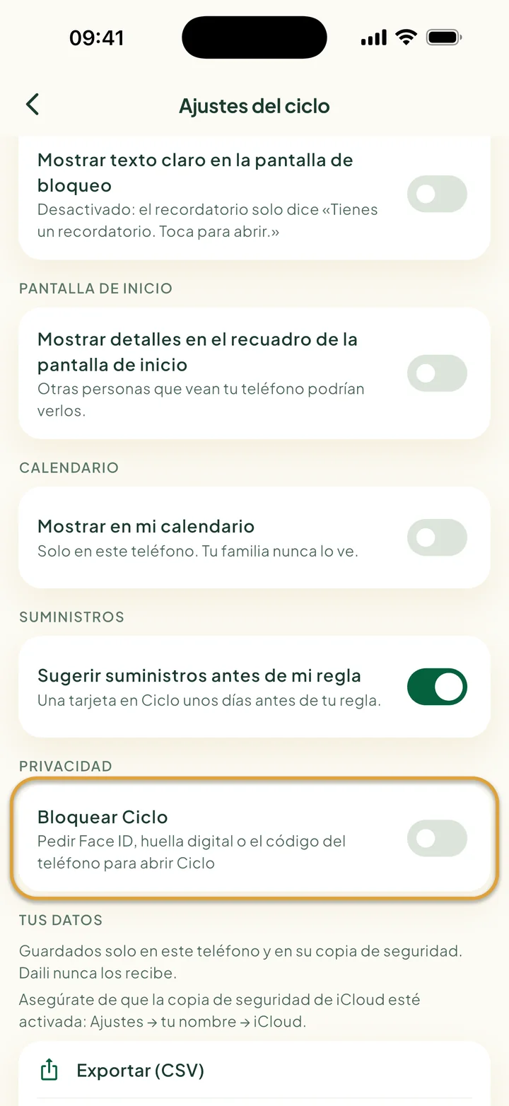 Ajustes del ciclo con Mostrar en mi calendario, el interruptor de suministros, Exportar e Importar. Bloquear Ciclo está marcado con un círculo.