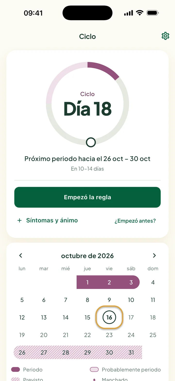 La tarjeta Ciclo en el día 18: "Próximo periodo hacia el 26 oct – 30 oct" y el botón Empezó la regla. Hoy está marcado con un círculo en el mes de abajo.