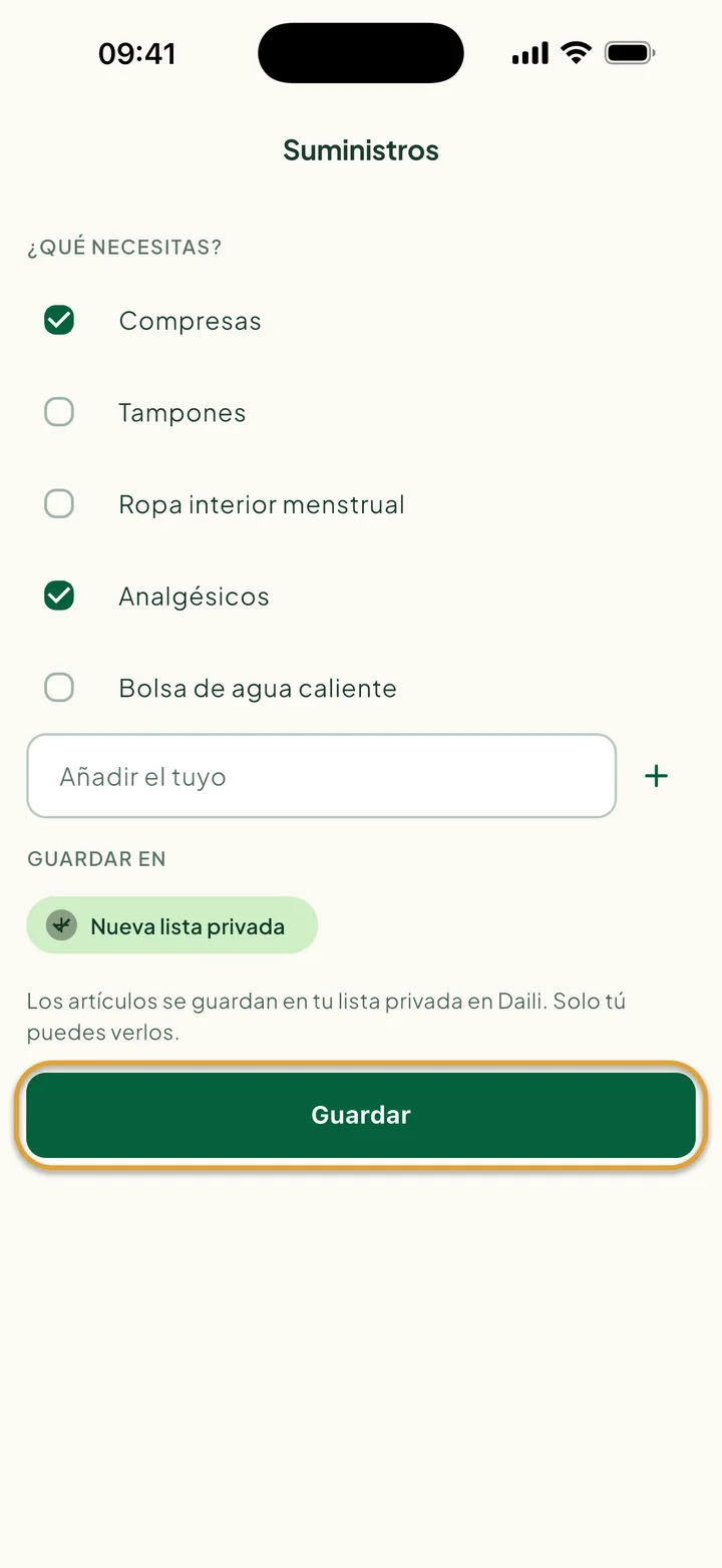La pantalla Suministros con Compresas y Analgésicos marcados y Nueva lista privada elegida. Guardar está marcado con un círculo.