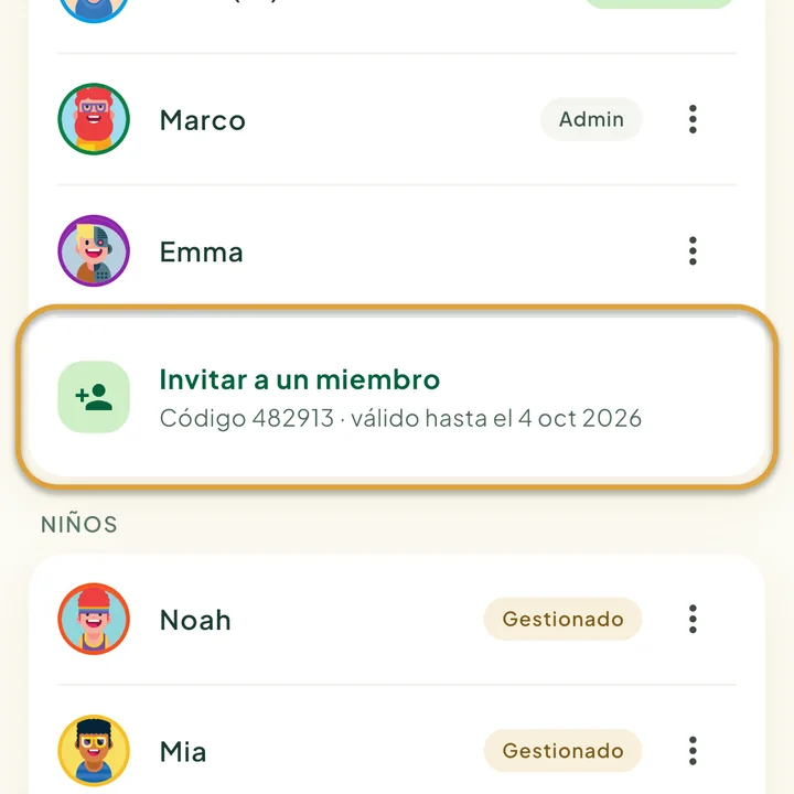 La pantalla Familia. Invitar a un miembro, con el código actual y su fecha de fin debajo, está marcado con un círculo.