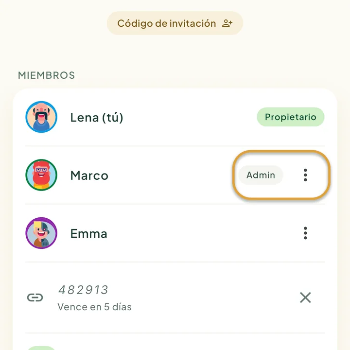 La lista de miembros en la pantalla Familia con las etiquetas Propietario y Admin. La etiqueta Admin y el botón ⋮ junto a Marco están marcados con un círculo.