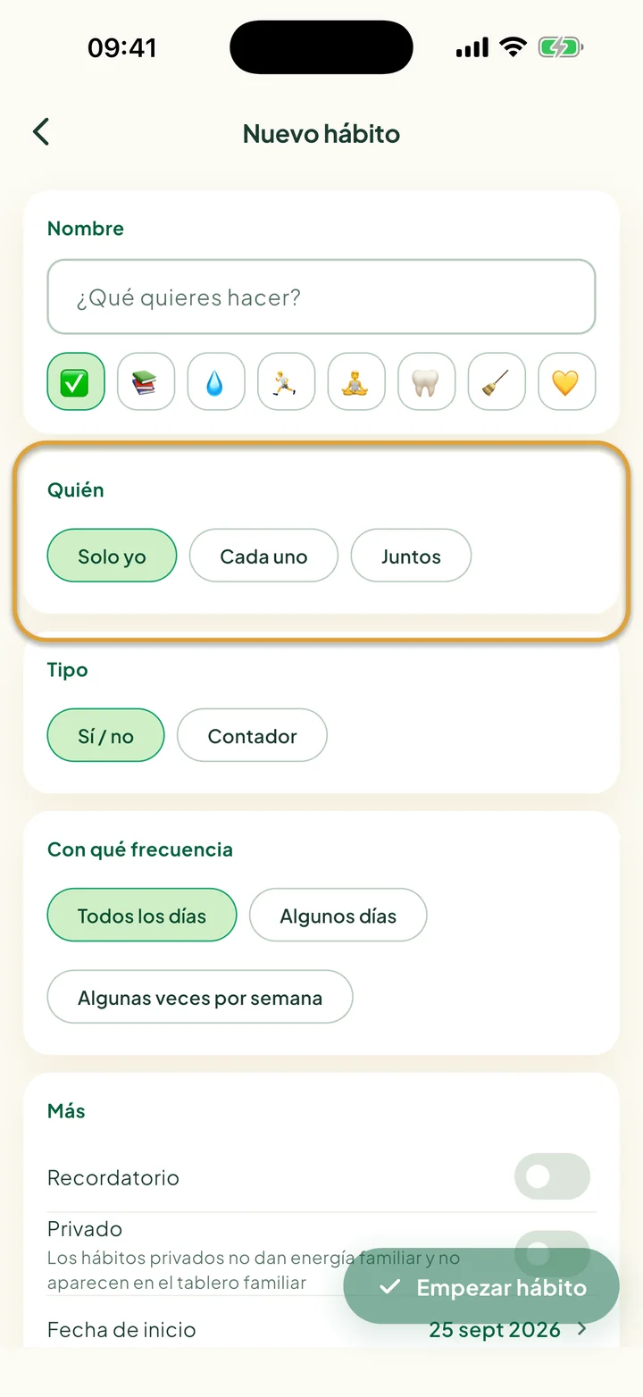 El formulario de hábito nuevo. Las opciones de Quién, Solo yo, Cada uno y Juntos, están marcadas con un círculo.
