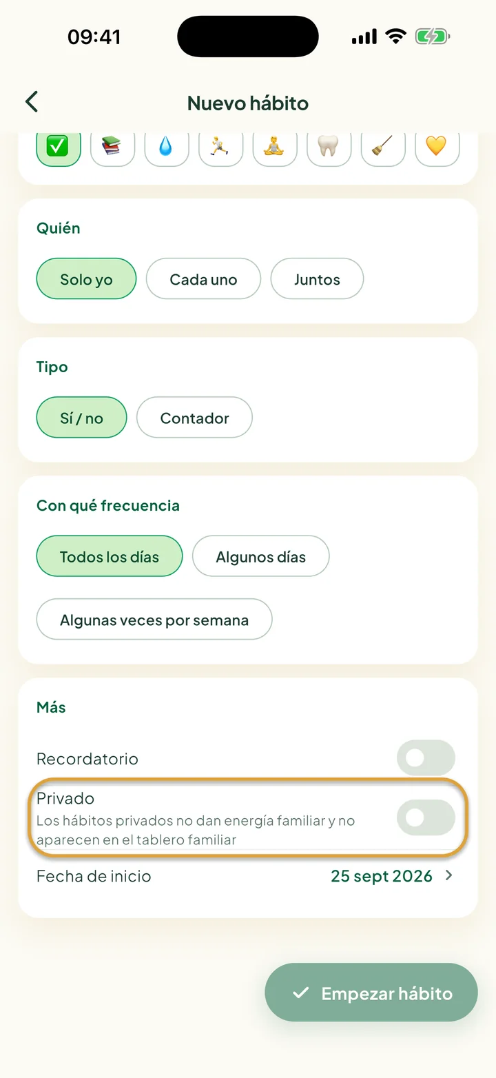 La parte Más del formulario de hábito nuevo. El interruptor Privado está marcado con un círculo.