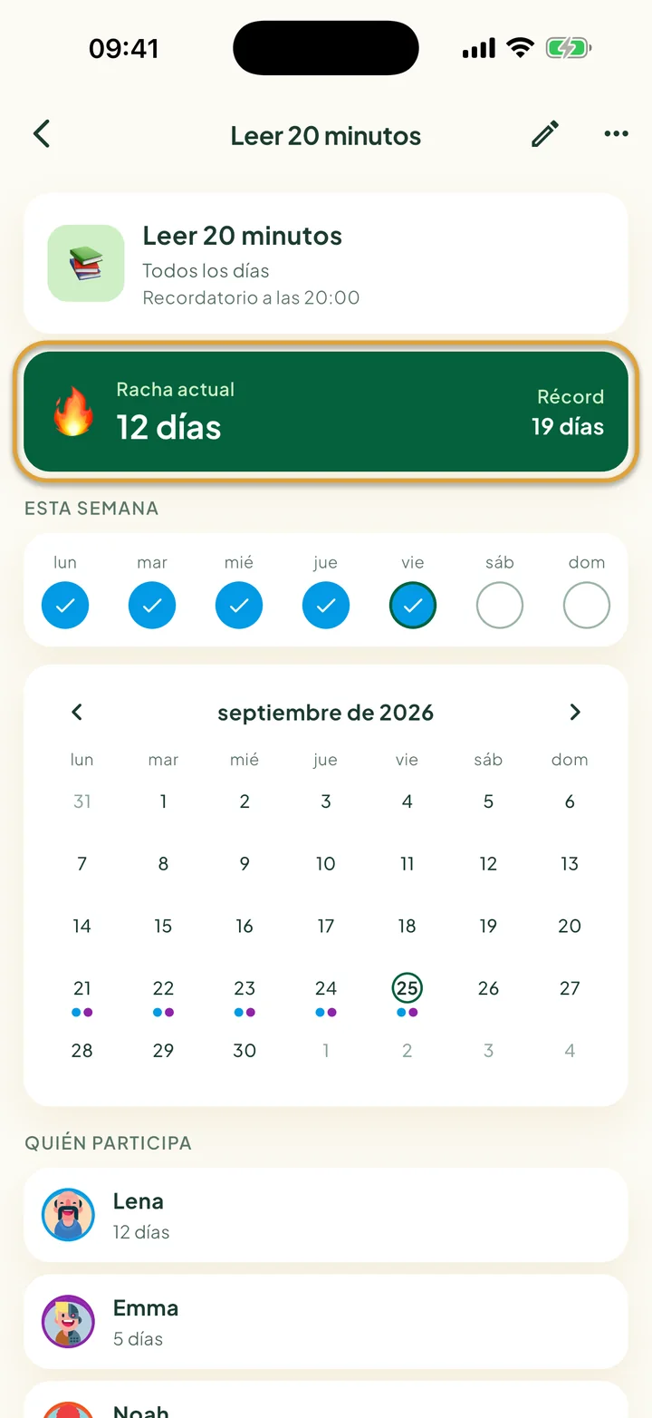 La página de un hábito con las marcas de esta semana y un calendario. La tarjeta Racha actual está marcada con un círculo.