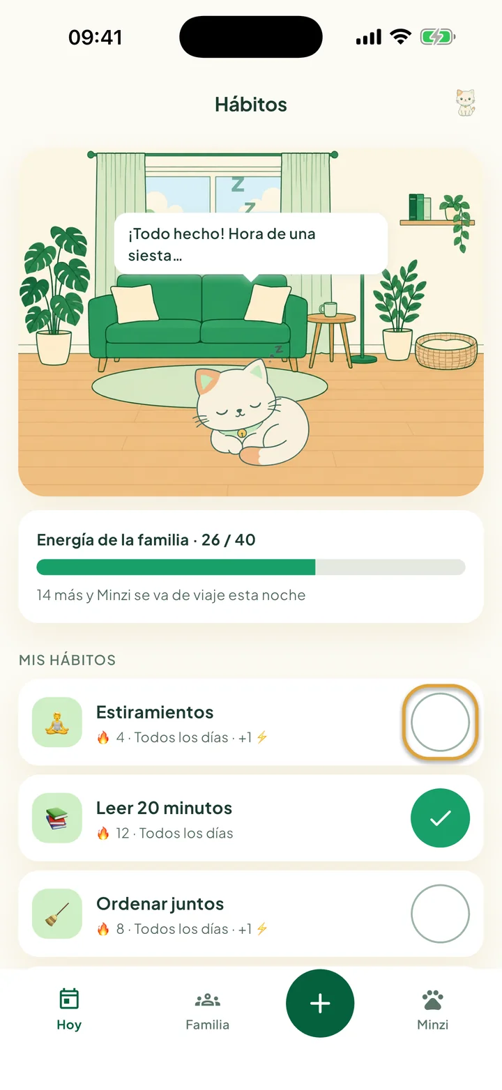 La pantalla Hábitos. El botón redondo para marcar junto a Estiramientos está marcado con un círculo.