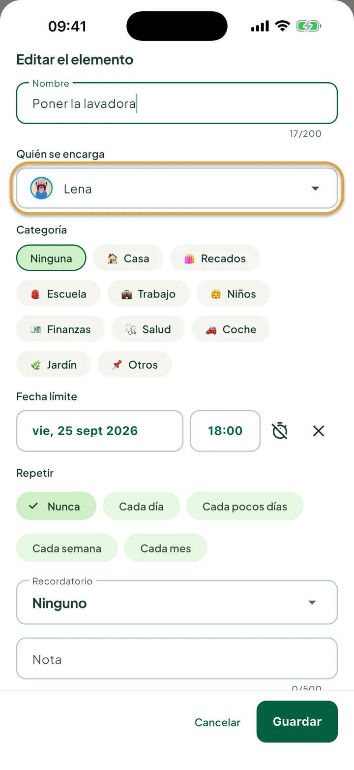 La hoja para editar una tarea. El campo Quién se encarga, con Lena, está marcado con un círculo.