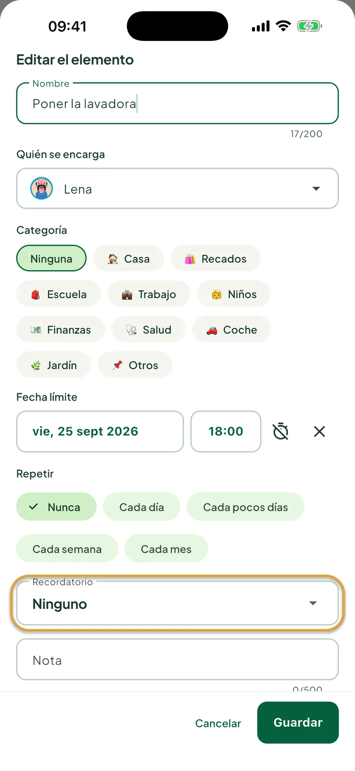 La hoja para editar una tarea con fecha límite y hora. El campo Recordatorio está marcado con un círculo.