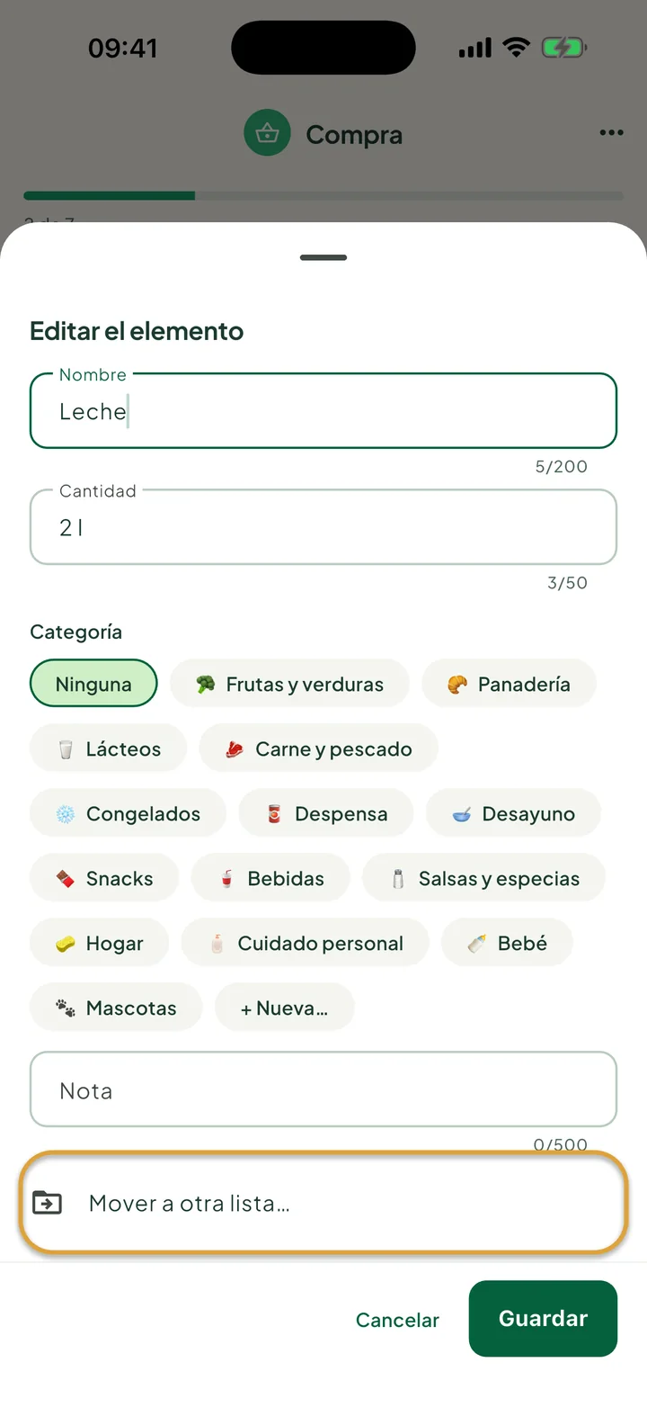La hoja para editar Leche. La fila Mover a otra lista… está marcada con un círculo.