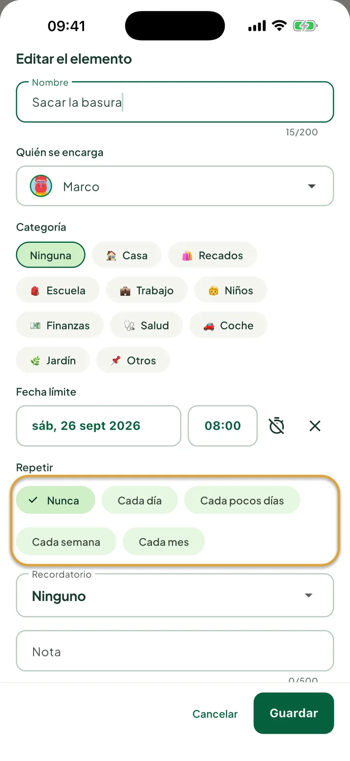 La hoja para editar una tarea. Las opciones de Repetir, Ninguna, Cada día, Cada pocos días, Cada semana y Cada mes, están marcadas con un círculo.