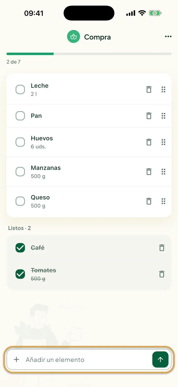 La lista Compras con elementos pendientes y dos marcados en Listos. La barra Añadir un elemento de abajo está marcada con un círculo.