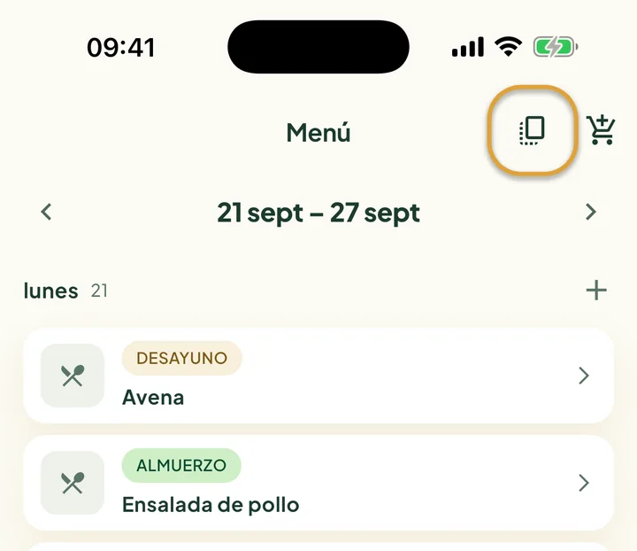 La parte de arriba del Menú. El botón de copiar junto al carrito está marcado con un círculo.