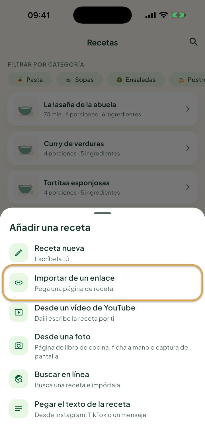 La pantalla Recetas con el menú + abierto. Importar de un enlace está marcado con un círculo.