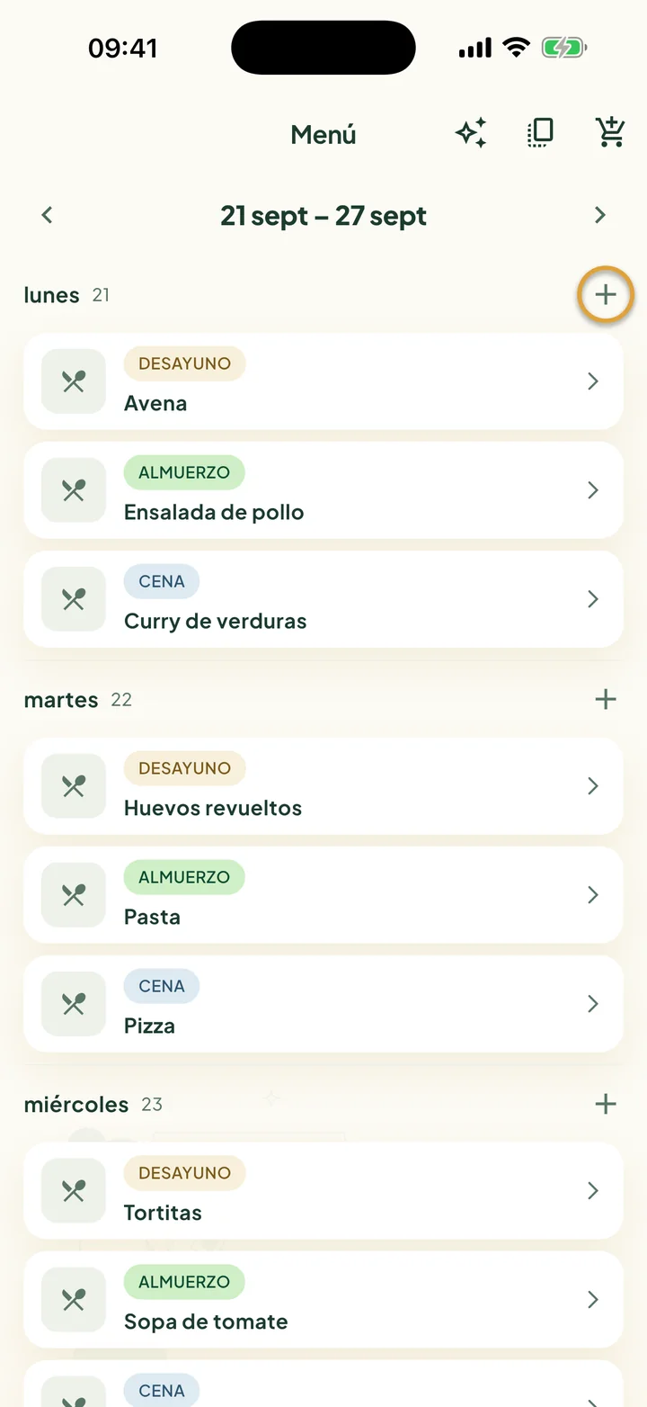 El Menú de una semana. El + junto al lunes está marcado con un círculo.